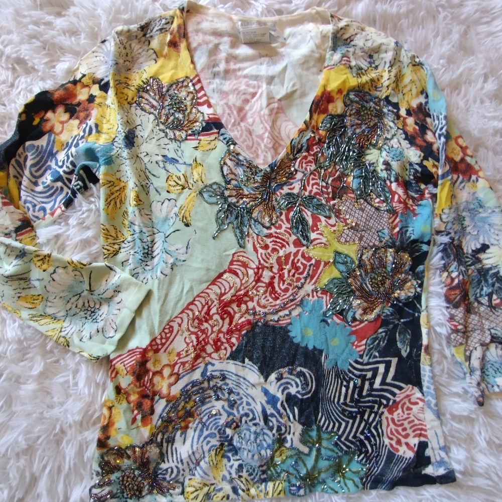 Alberto Makali beaded 3/4 sleeve blouse medium